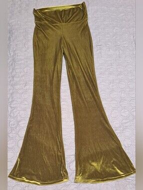 Home Cooked Karma  Velvet Flared Pants in Olive Green Groovy Sz M